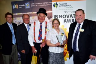 Member for Tamworth, Kevin Anderson; Member for New England, Tony Windsor; Howard and Pam Eastwood from 2011 Innovation of the Year winner, Glen Innes based 'Photo Create'; and Chair of Regional Development Australia Northern Inland, Mal Peters.