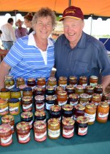 Ros and Ray Neilsen with their jams and condiments from Beaumont Currabubula Apricots.