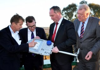 RDANI Acting Executive Officer David Thompson, Member for Northern Tablelands Adam Marshall, Member for New England Barnaby Joyce and Armidale Dumaresq Mayor Laurie Bishop discuss the new LED street lights.