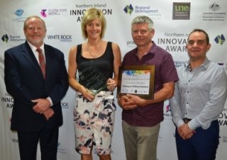 RDA Northern Inland Chair Russell Stewart with 2016 Innovation of the Year winners, Renee and Craig Neale and Mathew Jensen of Wholegrain Milling Company, Gunnedah