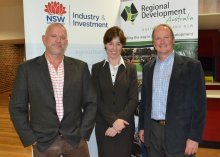 Nationally recognised migration advisor, Michael Jeremy with RDANI Snr Project Officer, Kim-Trieste Hastings and the New England Business Development Manager for NSW Trade and Investment, Peter Sniekers at the Armidale Chamber of Commerce function.