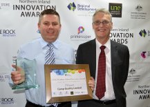 Prime Super Health, Aged-Care and Disability services winner Camp Quality was represented by Armidale Community Activity Group member James Urquhart. Pictured with National Relationships Manager for Prime Super Rod Stewart.