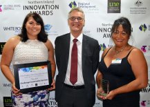 National Relationships Manager for Prime Super Rod Stewart (centre), with Tamworth Finalist Challenge Community Services’ Julia Csanki and Sharon Kachel.