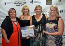 Elissia Goldman from the Telstra Store Inverell (second from left), with Retail, Tourism and Leisure Finalist, The Ashford Salami Festival’s Lorrayne Riggs, Pene Riggs and Connie Minos.