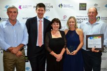 The Australian Government’s Department of Industry, Innovation and Science Regional Manager Grayson Wolfgang (second from left) presented a "Manufacturing and Engineering" finalist award to Australian Recycled Plastics’ Terrence Duncan, Jennifer Grant, Helen and Dale Smith.