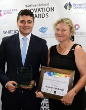 Technical Services Manager for Goldwind Australia, Steven Nethery presented the White Rock Wind Farm ‘Research and Education’ winner’s trophy to Macintyre High School’s Deb Snaith.