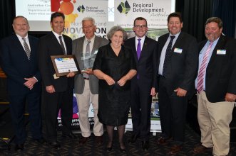 Celebrating the Innovation of the Year, the Mailler’s Chillamurra Solar Farm, Boggabilla at the end of the awards night was RDA Northern Inland Chair Russell Stewart, Rob, Barbara and Michael Mailler, the Hon. Adam Marshall MP, Peter and David Mailler. 