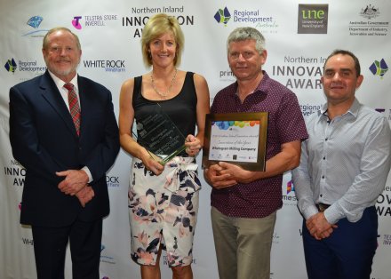 RDA Northern Inland Chair Russell Stewart with 2016 Innovation of the Year Winners, Renee and Craig Neale and Mathew Jensen of Wholegrain Milling Company, Gunnedah.
