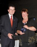 Gunnedah Shire Mayor, Cr. Adam Marshall with Manufacturing and Engineering Category Encouragement Award recipient, Robyn Faber from Faber Toolboxes, the face of Ray Faber Sheetmetal of Narrabri.