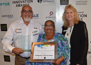Hilton Naden and Rose Curtis from Category Winning Pathfinders Culture Camps, with Prime Super Regional Manager Annette Mackay.