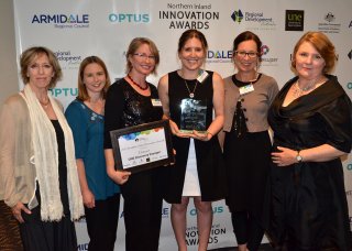 Members of the UNE Discovery Voyager team who won the Research and Education category: Christine Martin, Dr Jean Holley, Dr Kirsti Abbott, Dr Siobhan Dennison, Anita Brown and White Rock Wind Farm’s Sandra Royal.