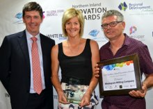 The Australian Government’s Department of Industry, Innovation and Science Regional Manager Grayson Wolfgang with Renee and Craig Neale of Wholegrain Milling Company, Gunnedah, who won the Manufacturing & Engineering and Innovation of the Year awards last year