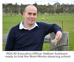 RDA-NI Executive Officer Nathan Axelsson, ready to trial the Wool-Works shearing school