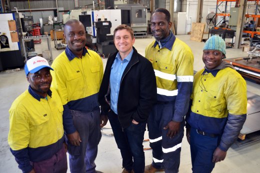 Out of Africa… Fitter/machinists Maxwell Matandaudyi and Courage Munyakari, Tamworth’s Apollo Engineering Managing Director Dave Errington, and first-class welders, Wellington Bigone and Komborero Anthony Chikonyera.