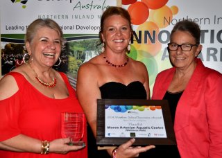 Moree Plains Shire Mayor, Katrina Humphries, with Julie Rushby of Moree Artesian Aquatic Centre and Telstra’s Wendy Wilks.