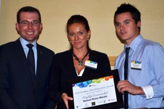 Eliesha Walker and Cody Orchard of Namoi River Meats with Member for Northern Tablelands, Adam Marshall 